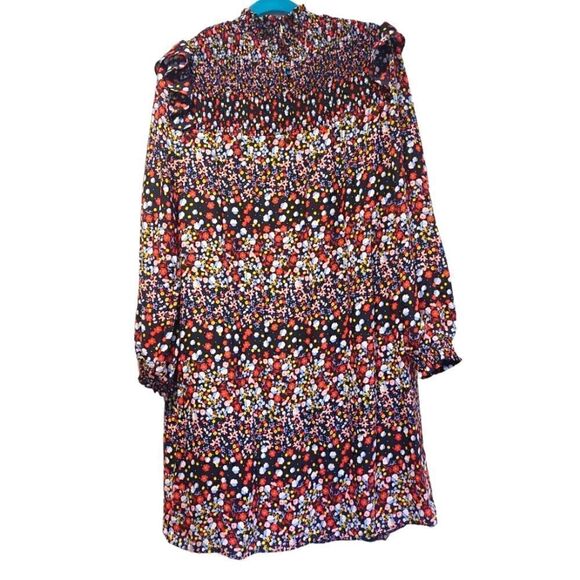 Nanette Lepore Blue Red Yellow Floral Ruffle Smocked Mock-Neck Shift Dress | 10 - Picture 7 of 12